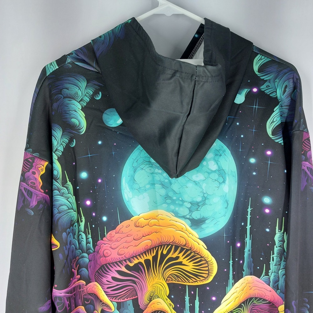Psychedelic Moon Mushroom Zip Hoodie with Pocket Vibrant Fungi All-Over Print XL - Picture 6 of 7